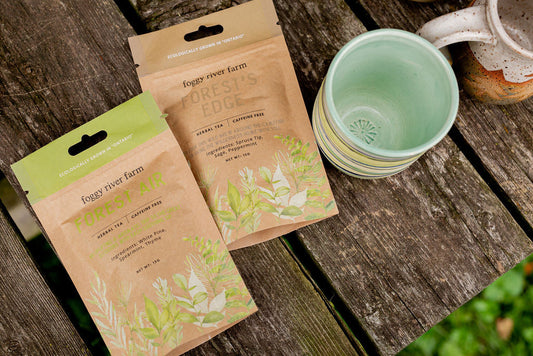 foggy river forest air and forest's edge tea laid on a picnic table alongside two pottery mugs