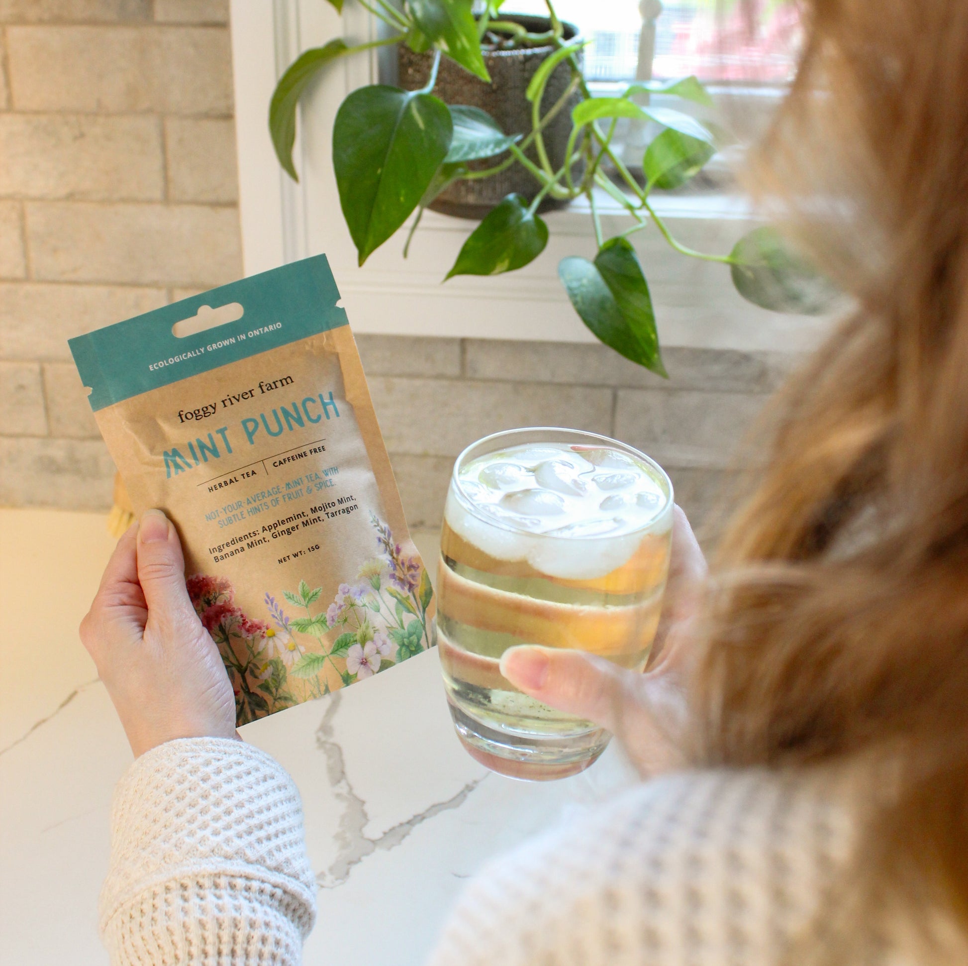 Person holding a glass of iced tea and a package of 'Foggy River Farm Mint Punch' mix.